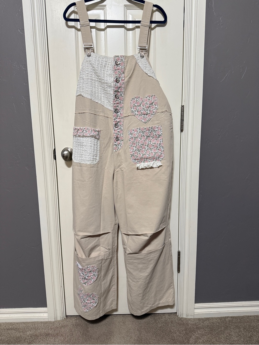 POL Beige Patchwork Floral-Accent Overalls